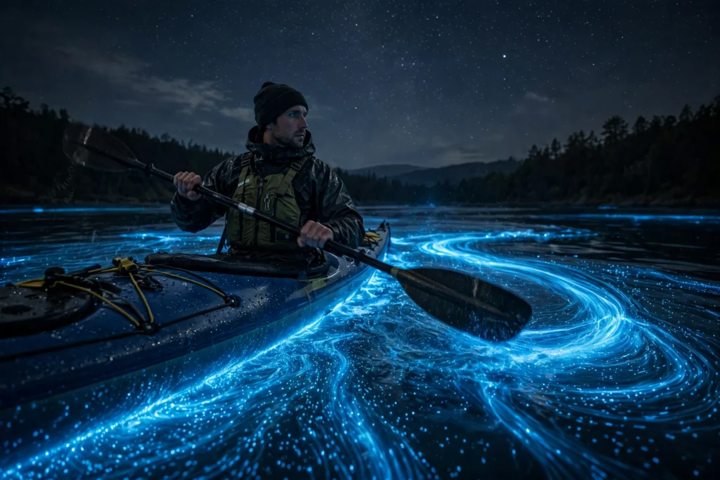Kayaker paddling through glowing blue bioluminescent water at night.