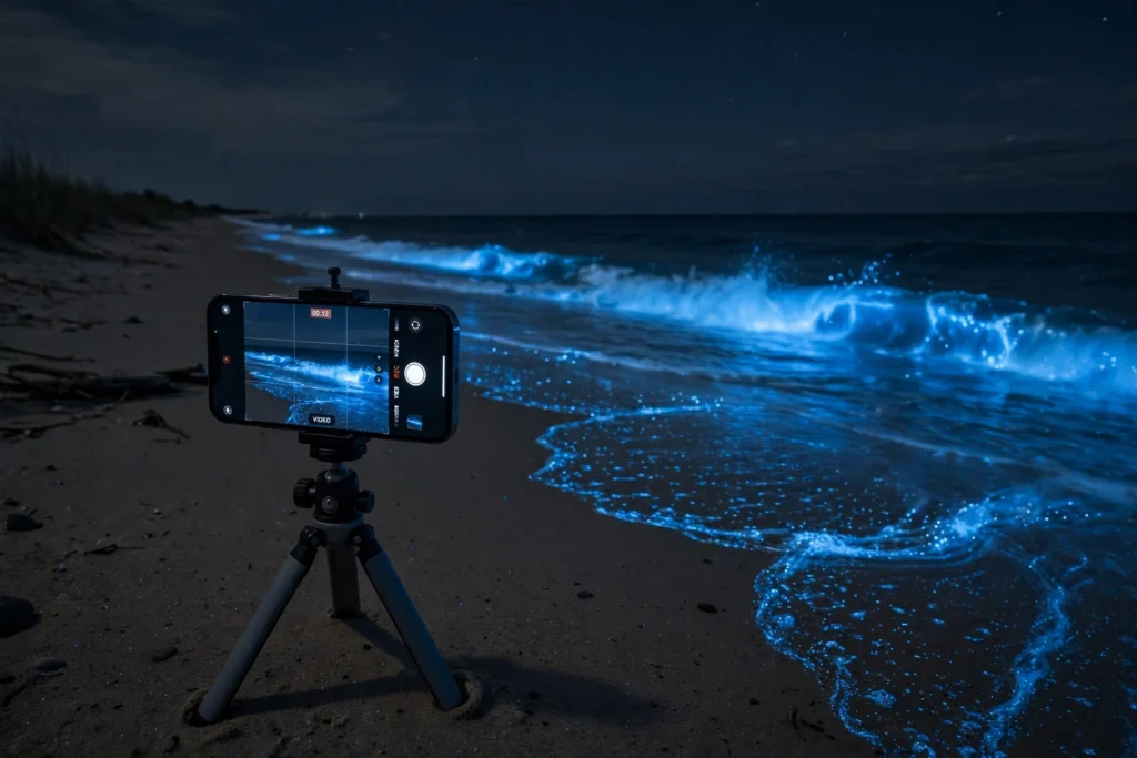 Phone on tripod photographing bioluminescent beach at night.